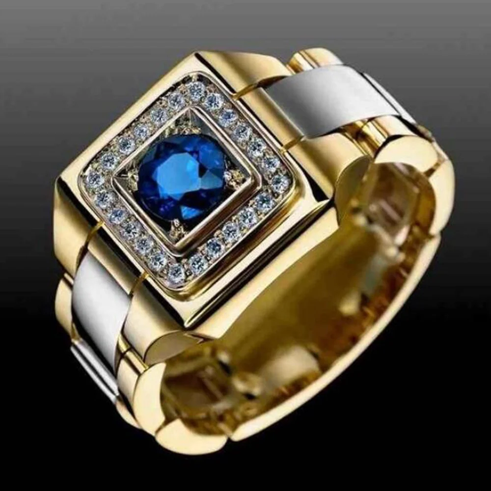 

Huitan Latest Launch Mens Silver Gold Square Ring Royal Blue Zircon Stone Male Luxury Gold Men Ring Jewelry