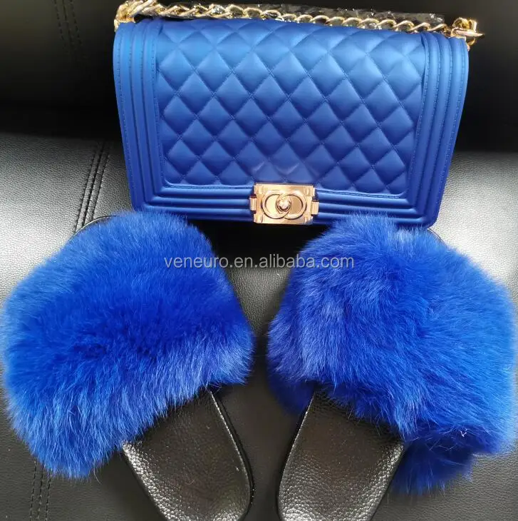 

2021 Wholesale Rainbow Candy Jelly Purses Handbags with Matching Real Fur Slippers Spring Summer Women Fur Slides with Purse Set, Customized color