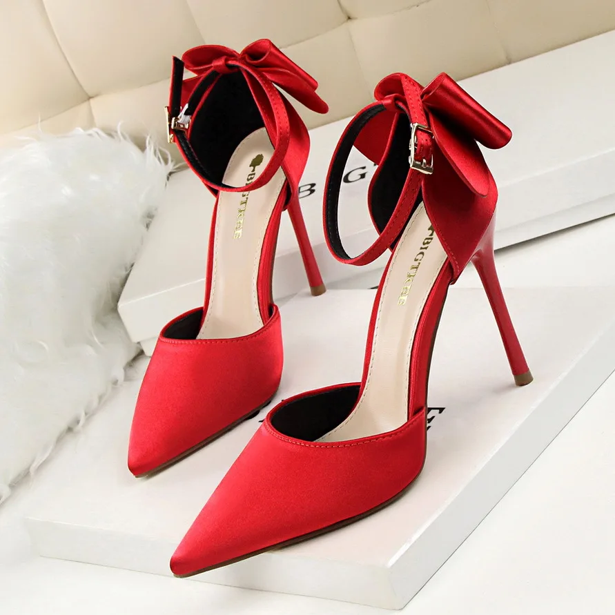 

Latest Korean Sweet Ladies Pumps Shoes Hollow Back Bow Shallow Mouth Stiletto High Heels Shoes For Women 43 Size