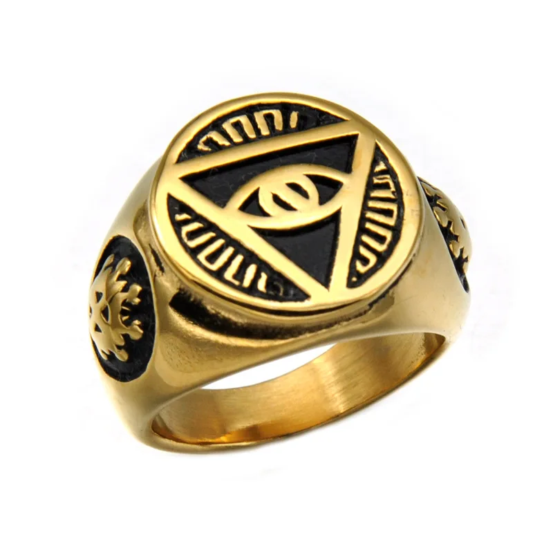 Vintage Golden Stainless Steel Illuminati Eye Crest Size 8 Men's Ring 