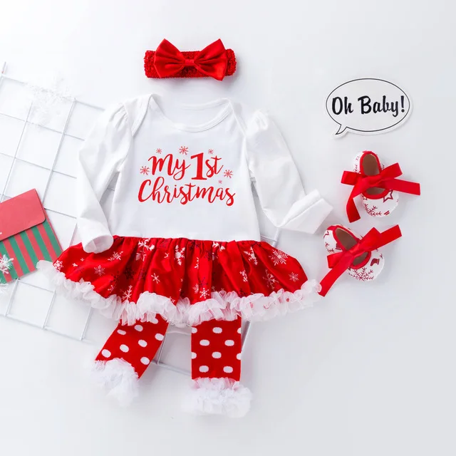 

Christmas jumpsuit newborn kids clothes infant baby romper long sleeves toddler clothing 4pcs set, As picture