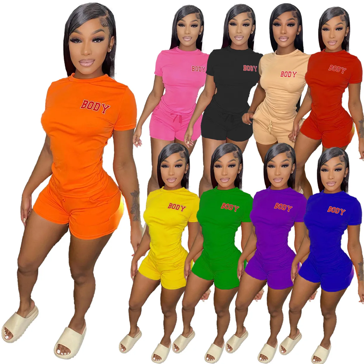 

2022 Women Short Sets Printed Body Casual Summer Two Piece Outfits Short Sleeve T Shirt Biker Shorts Sets 2 Piece Short Set, Picture color