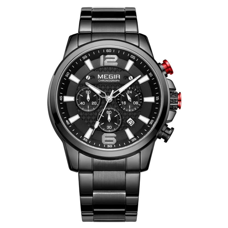 

MEGIR 2156 All Black Men's Watches Luxury Quartz Watch Montre Hommes Creative Business Stainless Steel Sports Big Dial Watch Men