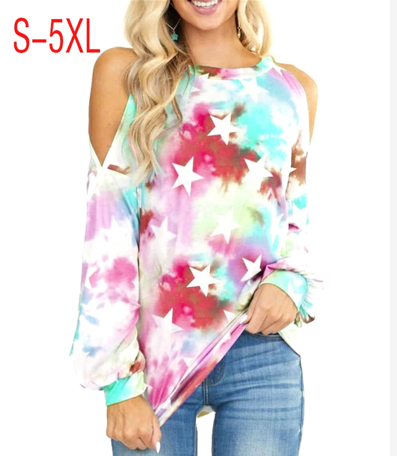 

summer fashion trendy high quality women rayon O neck Off-The-shoulder loose tie dye plus size Women Long Sleeve t shirt