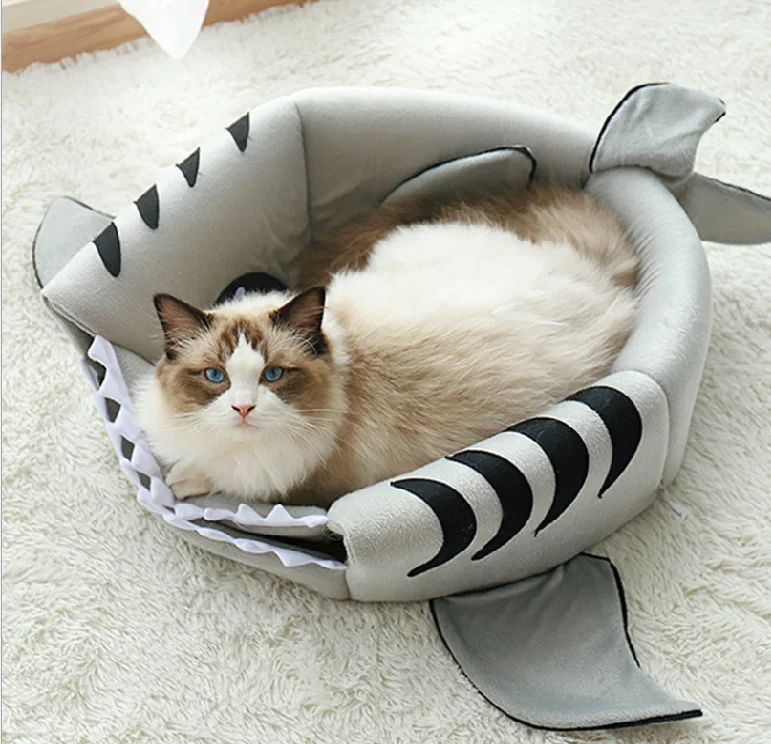 

Good Quality Velvet Fabric Novelty Shark Pet Beds Dog Cat Nest Bed Half-closed Cave Bed Pet Supplies, Grey, pink, sky blue