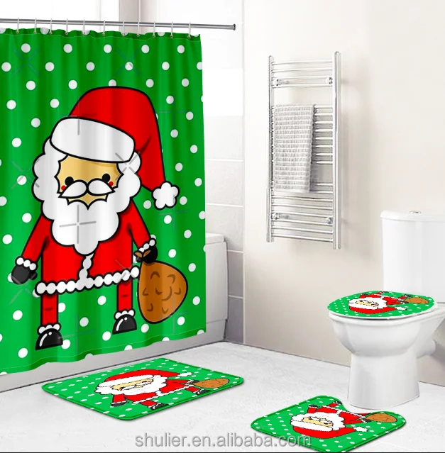 

Wholesale custom 3D digital printing cute cartoon style Christmas theme green and Santa Designed polyester shower curtain set