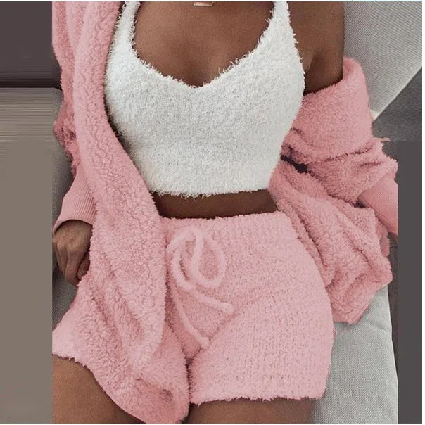 

Wholesale Ladies Plush 3 Piece Tracksuit Casual Pajamas Long Sleeve Cardigan Vest Short Pant Women Party Sweater Set 2020, 11 colors