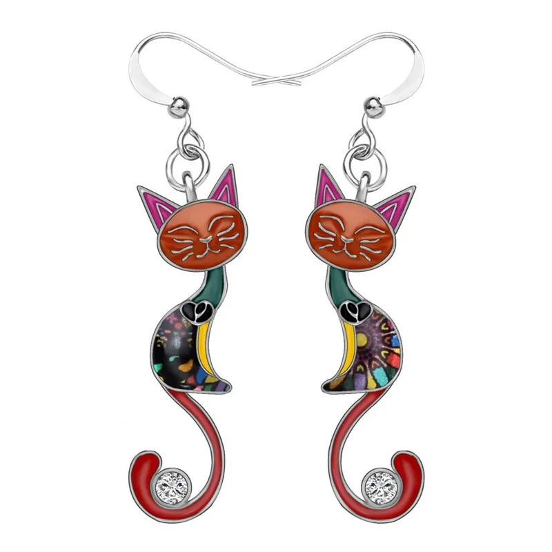 

2021 New Fashion Bohemian Style Colorful Animal Enamel Cat Women's Ear Hook Earrings Jewelry, Red;blue;purple;black;pink;brown