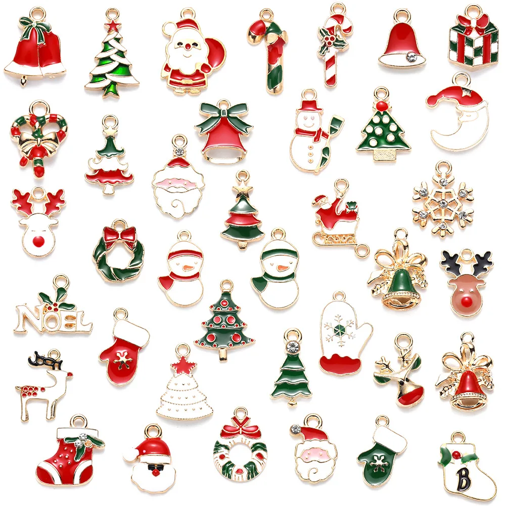 

Mixed 38 Christmas drip oil series earrings pendant DIY accessories Santa Claus Bell small pendant, Gold and silver