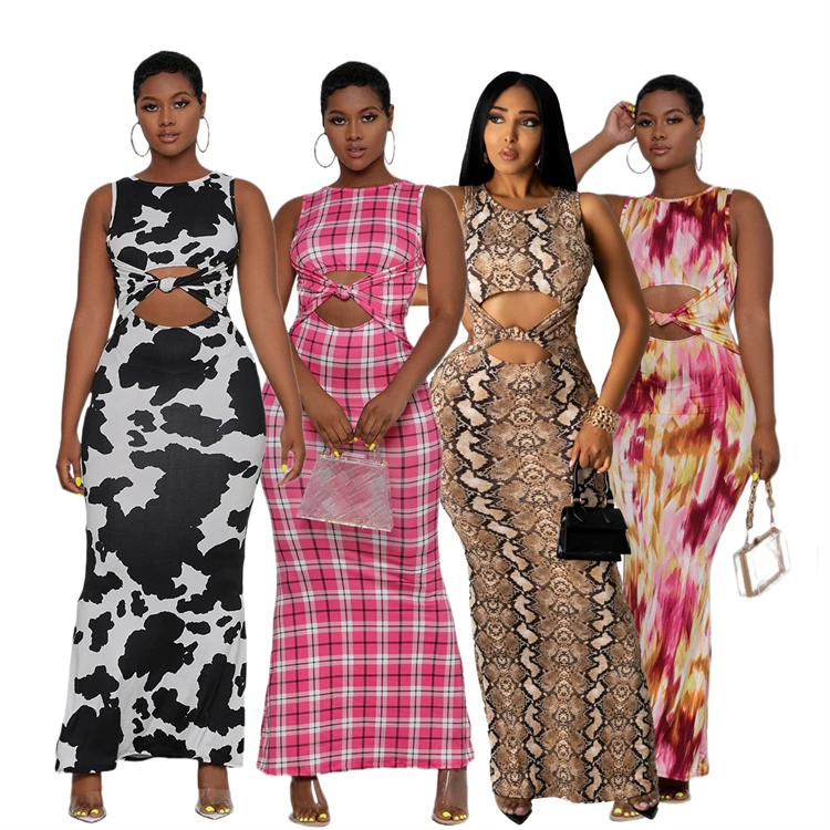 

DUODUOCOLOR Summer fashion printing sleeveless round neck hollow out 2021 sexy long dress women lady elegant D10135