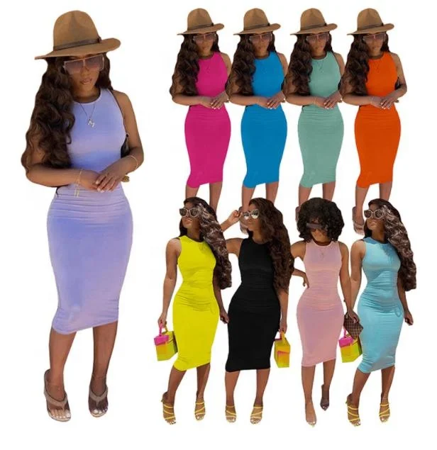

2021 Summer Candy Color Bodycon Dress Women Sleeveless Long Dress