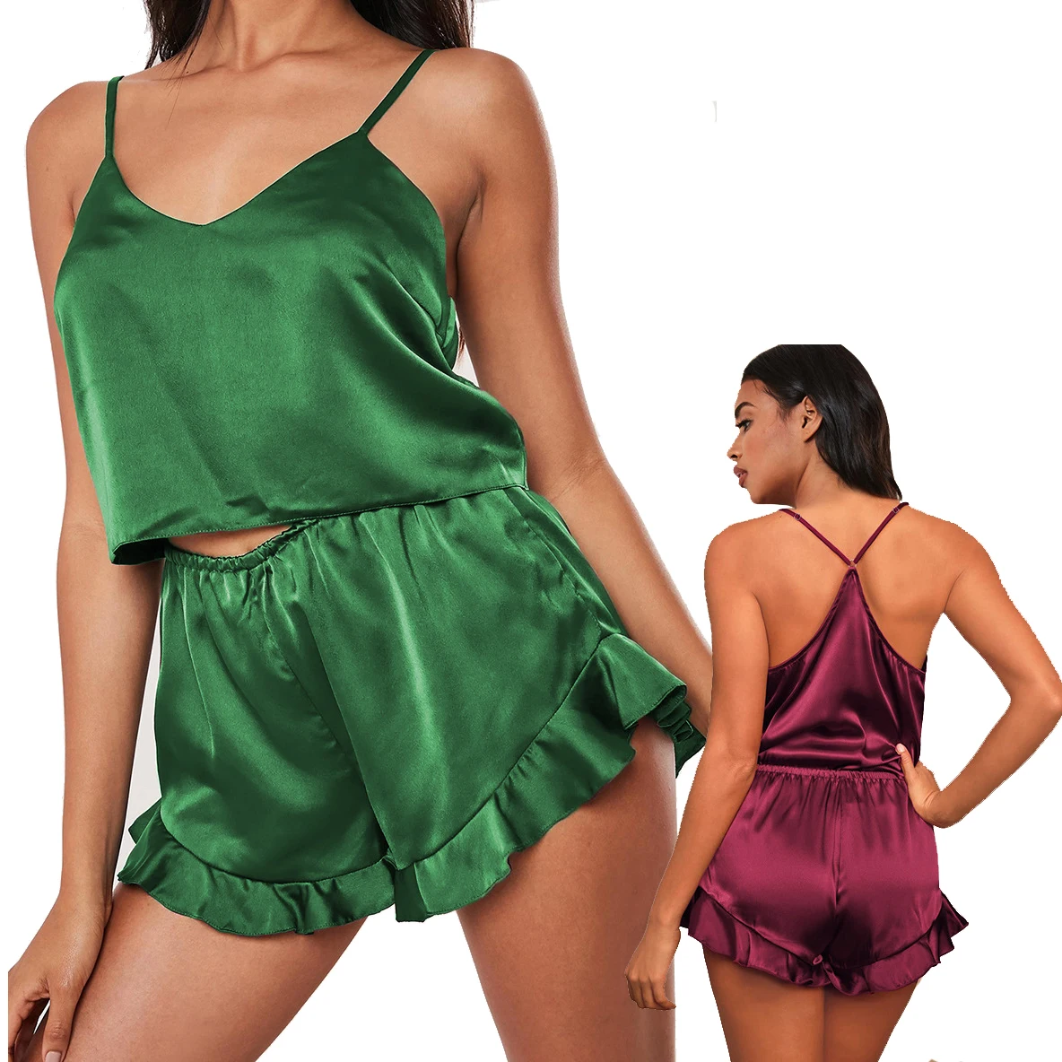 

Women's satin sleepwear 2 piece sexy V-neck suspenders pajama set spaghetti straps summer pajama