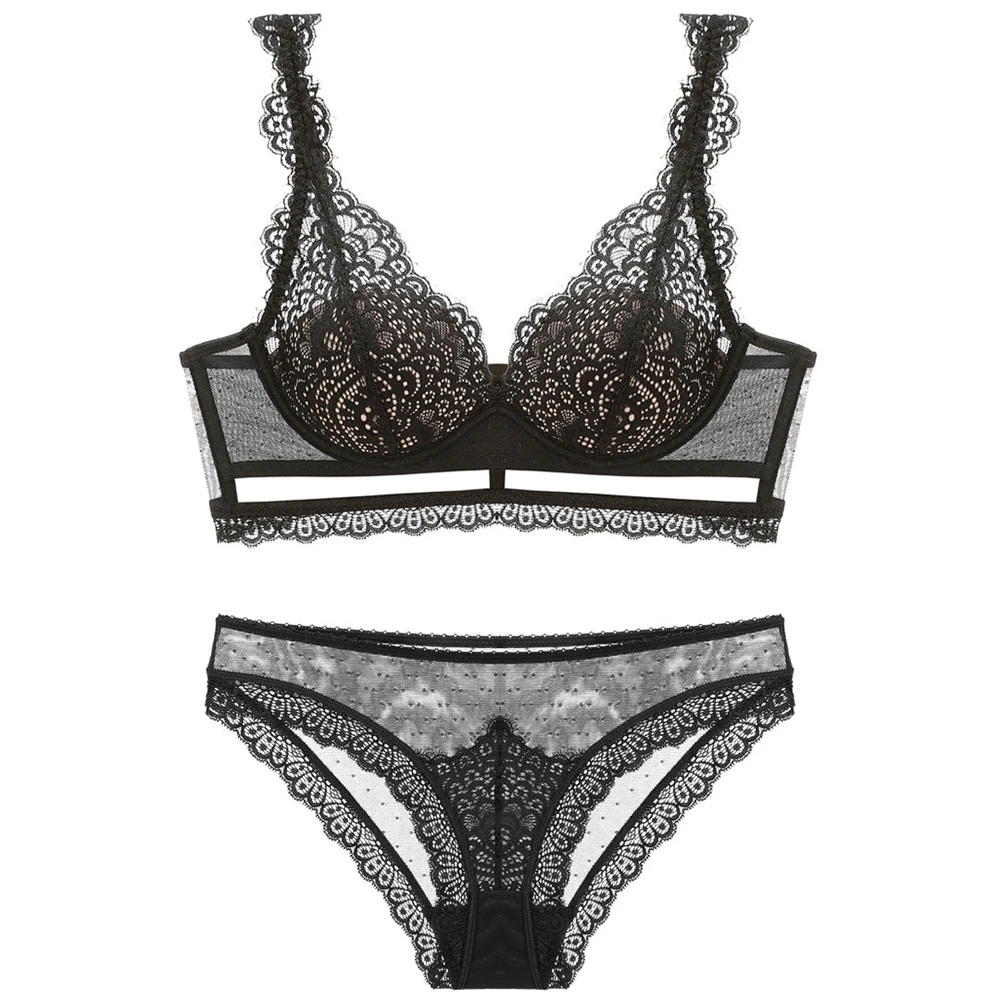 

Sexy lace underwear women's widened side wing breast holding thin cotton cup push up bra set