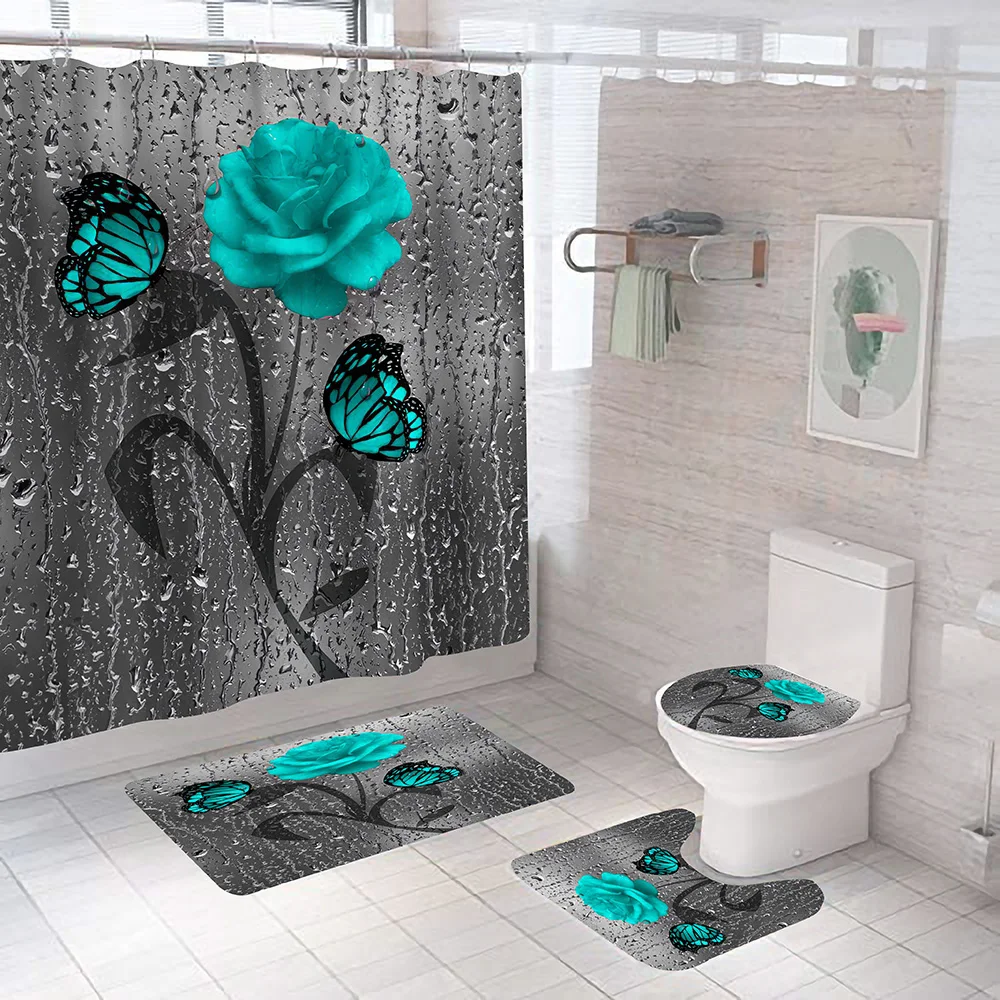 

Blue rose Bathroom Sets water Resistant Shower Curtain set With Bath Mats