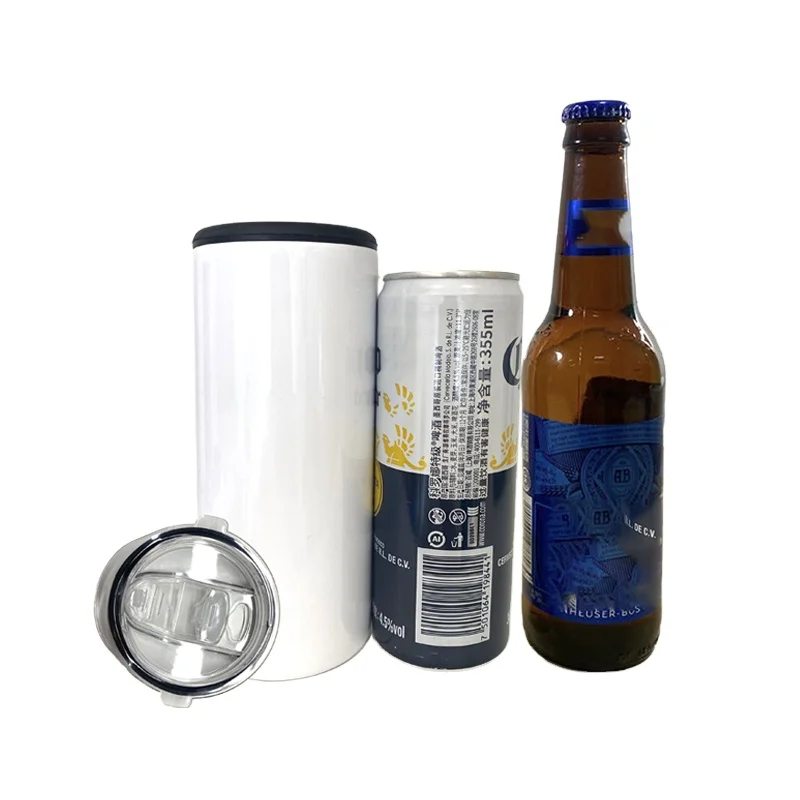 

2 in 1 use stainless steel sublimation cooler 12 oz 15oz sublimation blank tumbler can cooler with two lids custom tumbler, White