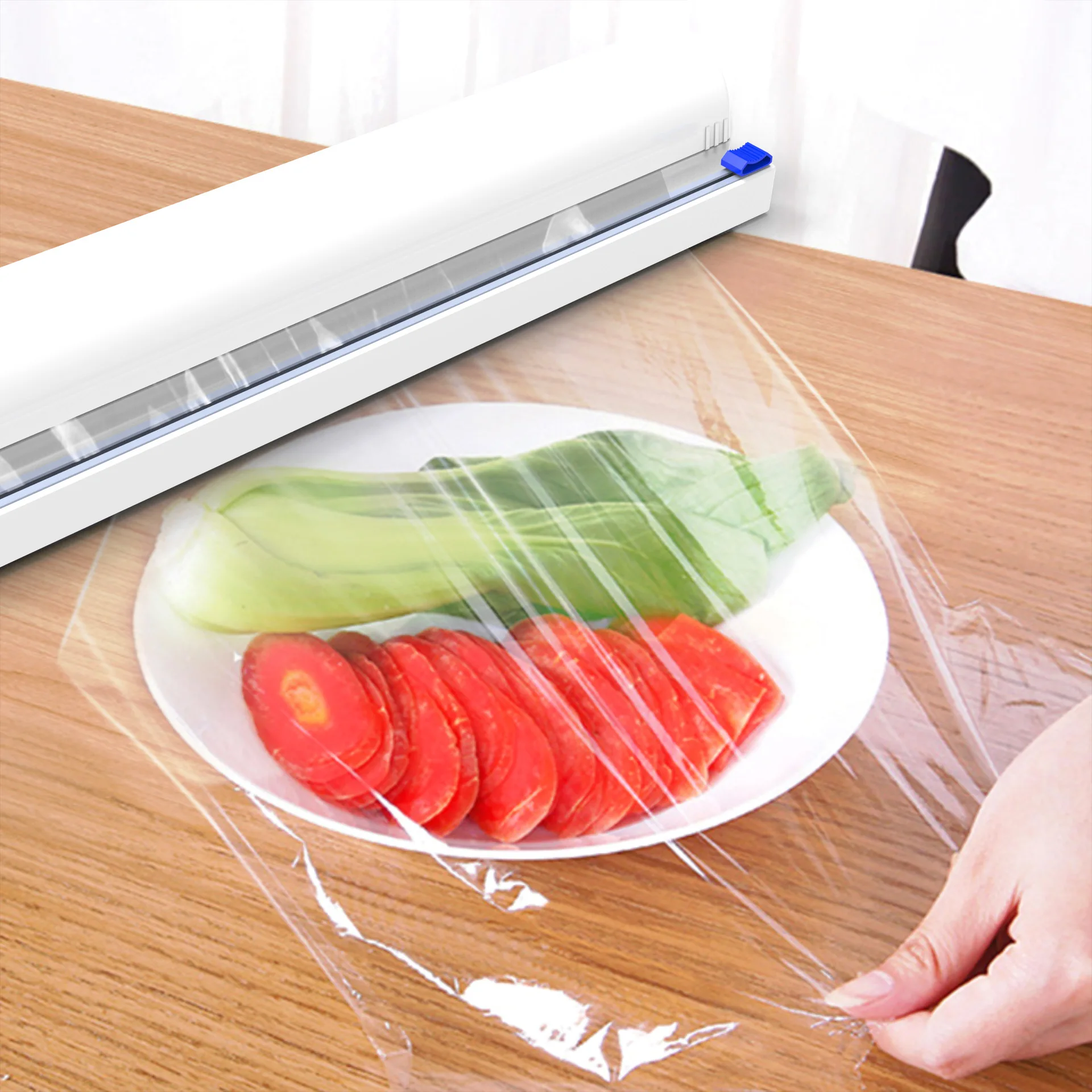 

Popular Products Safe Kitchen Tools Plastic Wrap Dispenser For Cutting Cling Film Chic Wrap Dispenser, White or customized