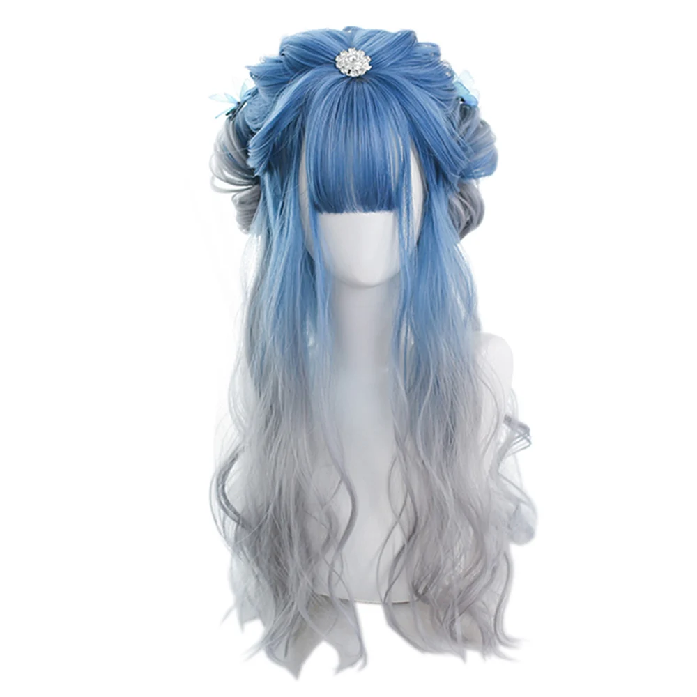 

Mild Water Blue Gradient Gray Japanese Lolita Sweet Long Synthetic Wavy Hair Wig Natural Soft Cosplay Female Party Sweet Wigs, Pic showed
