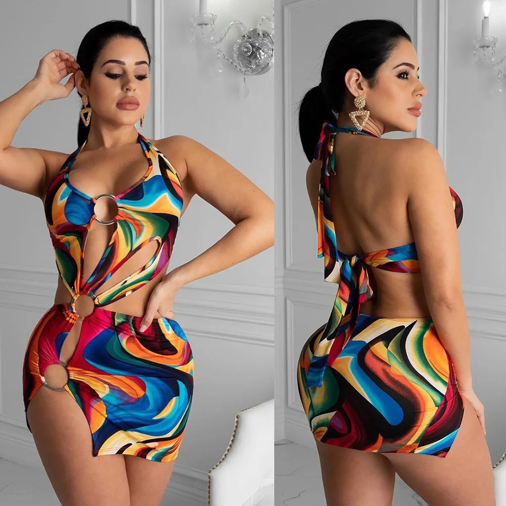 

Occident women's clothing Amazon best-selling hollow personality casual dress swimsuit colorful print dress, Colorful, multi-colored stripes