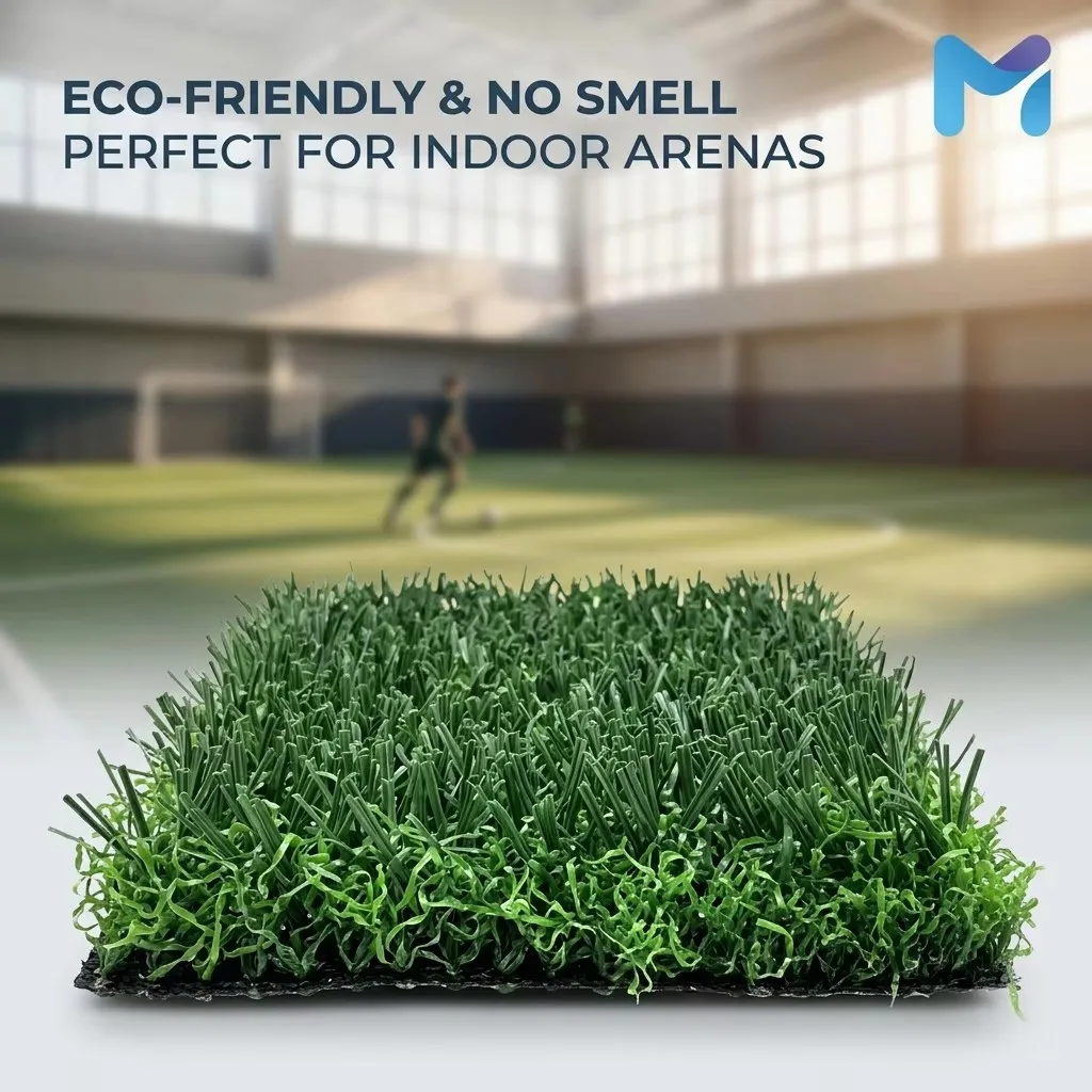 Eco-friendly, odour-free non-infill football turf sample with an indoor football arena behind it