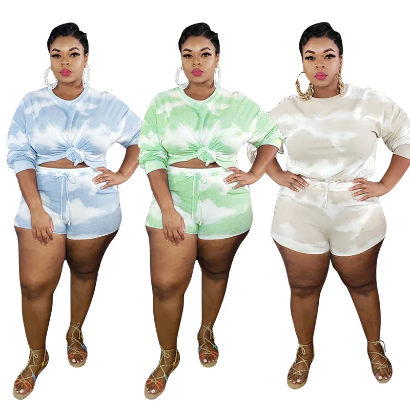 

Tie Dye O Neck Casual Plus Size Clothing Long Sleeve T Shirt Short Plus Size 2 Piece Sets Women, Customized color