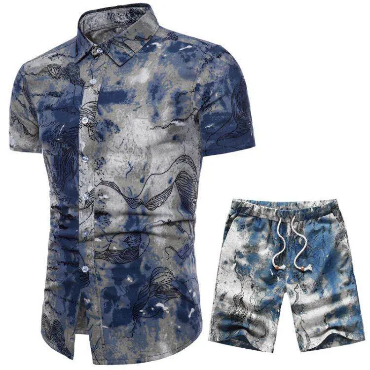 

Summer Hot Sale All Over Print Wholesale New Hawaiian Beach Style Mens Shirts and Shorts Color Matching Sets in Plus Size, As pics print