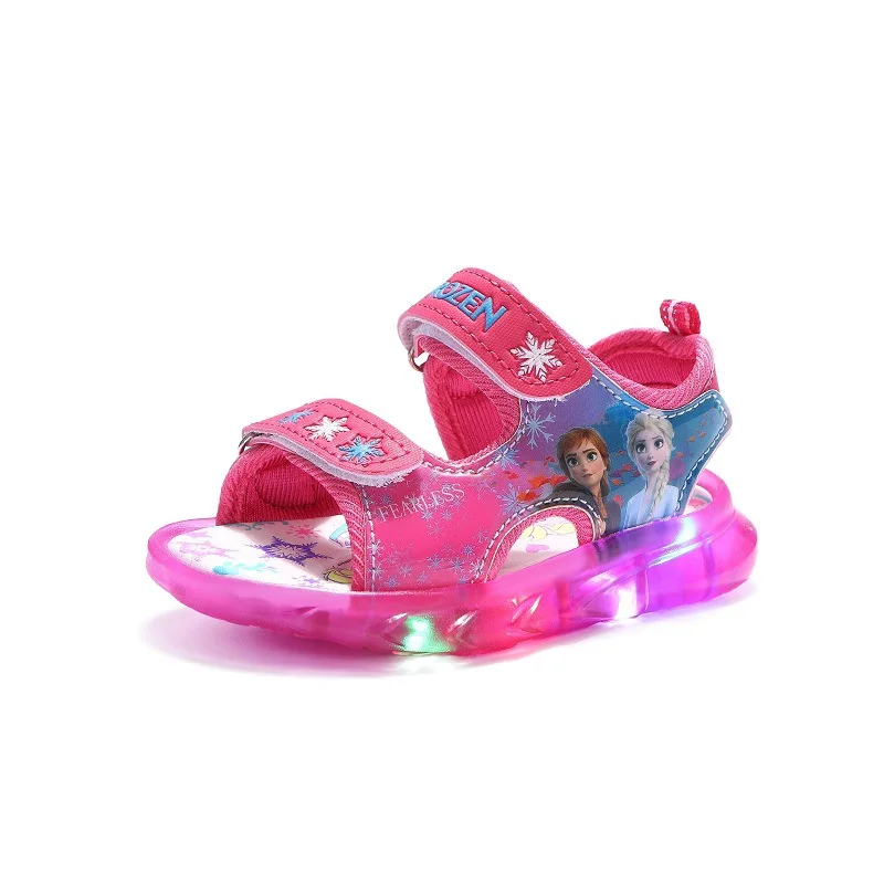 

Girls Pretty Princess Sandals Cartoon Frozen Princess Elsa Led Shoes With Light up Sole Kids Luminous Non-slip Beach sandals, Rose red /pink