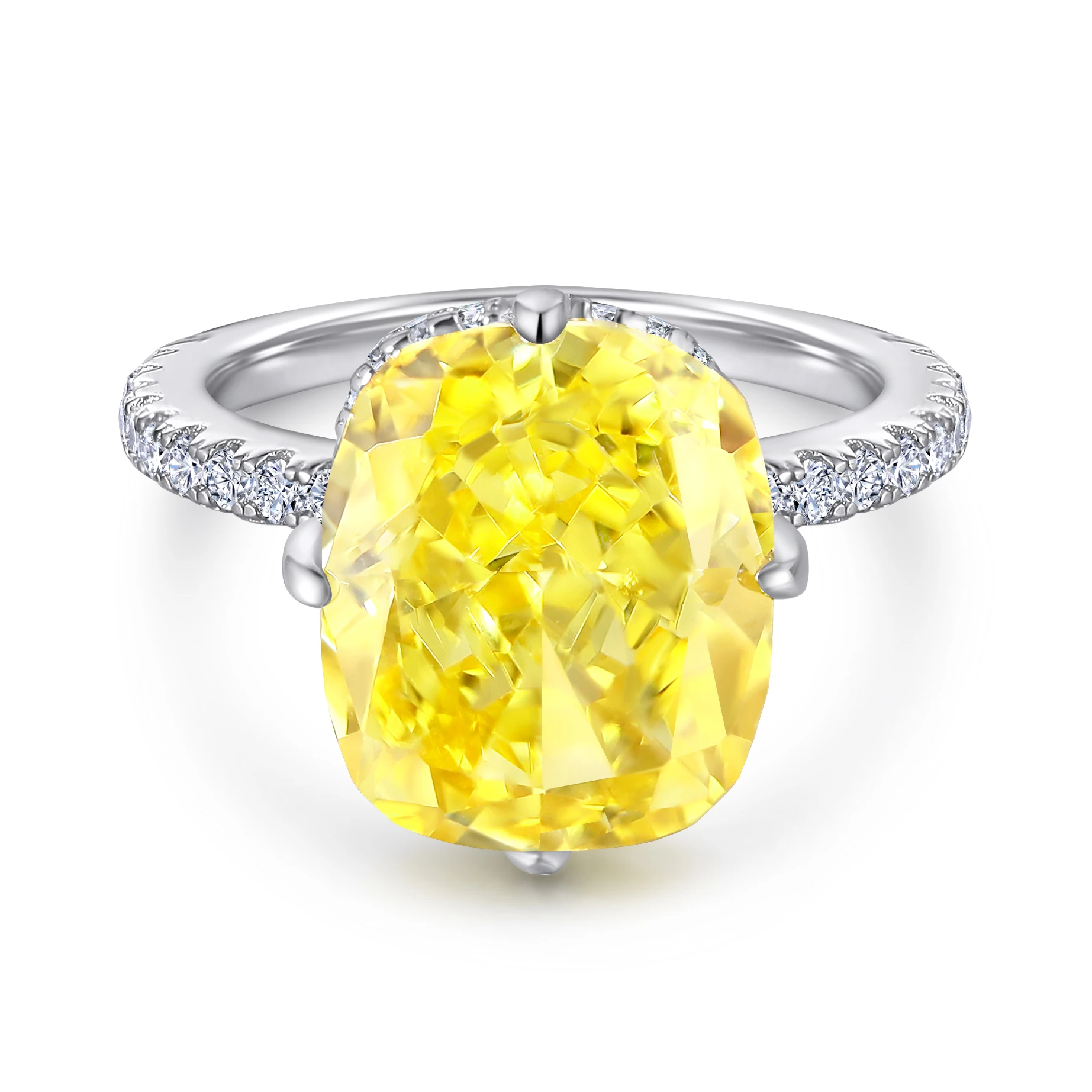 

TL-534 Women Big Solitaire Cushion Cut Lab Grown Yellow Gemstone 925 Sterling Silver Platinum Plated Zircon Wedding Ring