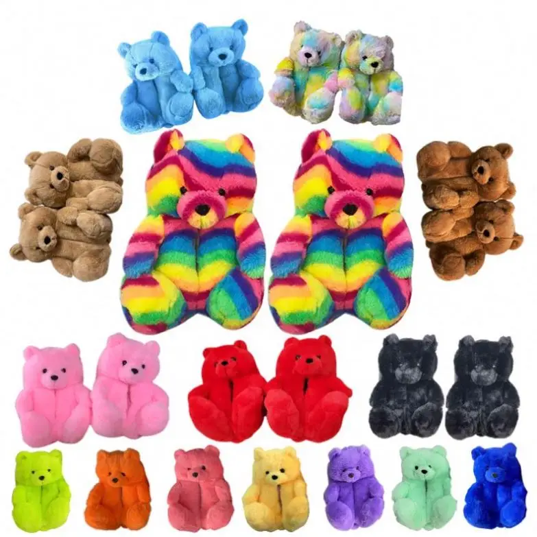 

2022 Flat Fur Slippers Plush New Style Slippers House Blue Teddy Bear Slippers For Women Girls Kids