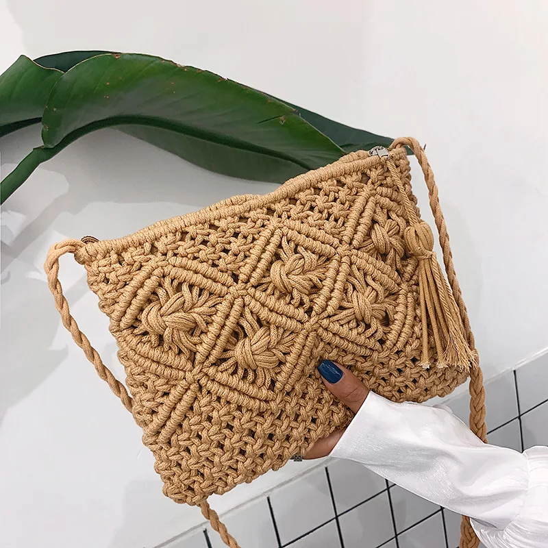 

Simple handmade cotton rope straw women hand bags vintage tassels crochet Macrame beach bags clutch purses and handbags ladies