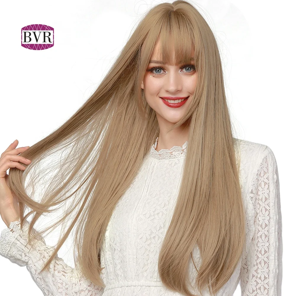 

BVR popular 26 inches light brown long oblique deep wave lace front wig straight wig