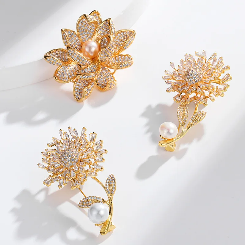 Broches Pins Brooches Freshwater Pearl Real Gold Plated Pin Flower Luxury Zircon Paved Large Beautiful Wedding Brooches