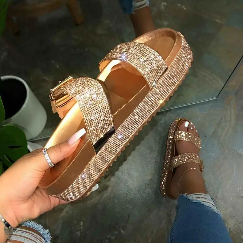 

Women Casual Bling Crystal Rhinestone Buckle Platform Heel Sandals