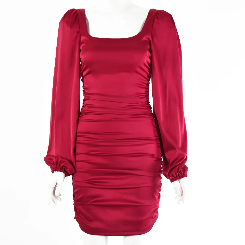 

Summer 2021 Satin dresses Sexy dresses Women bodycon puff Sleeves Satin dress Pencil Hip Skirt, Photo shows