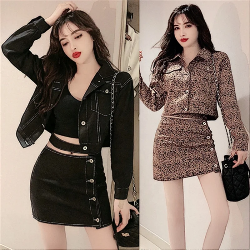 

B61486A Popular spring/autumn 2019 new popular leopard print long sleeve jacket skirt suit, Black/leopard