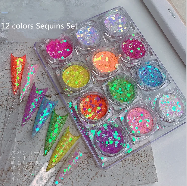 

12 Boxes / Set Holographic Nail decoration Mermaid Powder Flakes Shiny Charms Manicure Hexagon Nail Art glitter, 12 colors