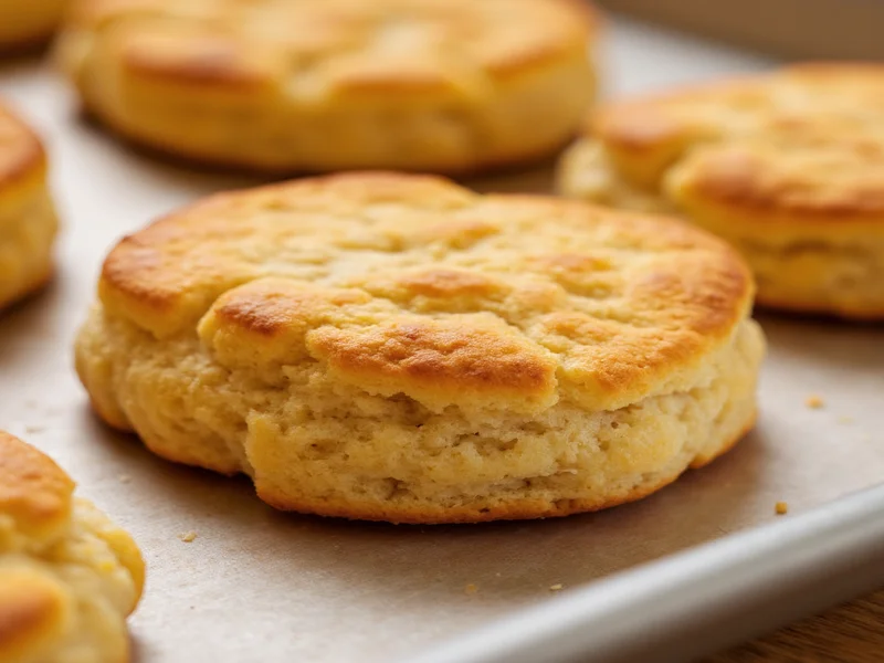 Homemade biscuits golden brown on baking sheet