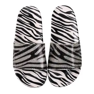 

Women Chocolate Dollar Money Rhinestone Glitter Crystal Slide Footbed Platform Sandal Slippers Zebra-Stripe, As pictures