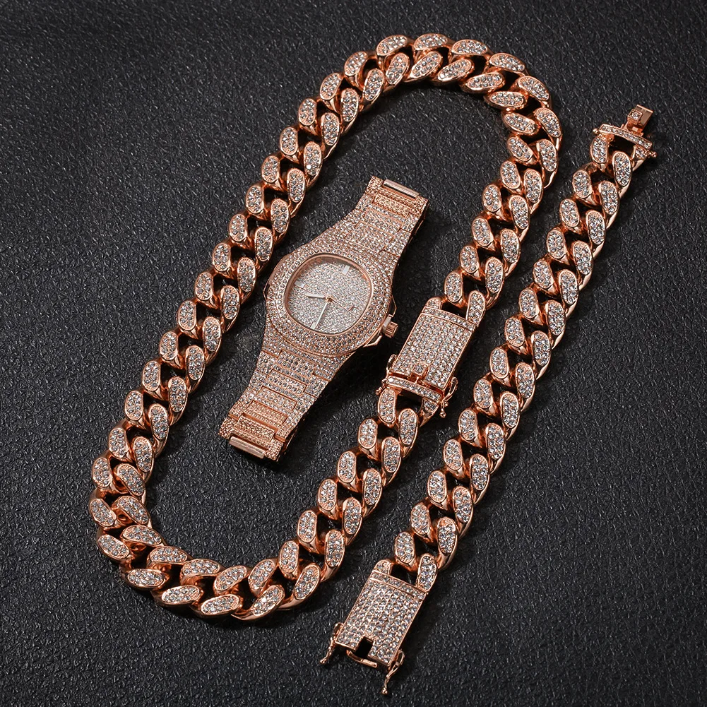 

Hip Hop Gold Silver 20mm Cuban Link Chain Cuban Link Necklace Iced Out Watch And Bracelet Set Women, Picture shows