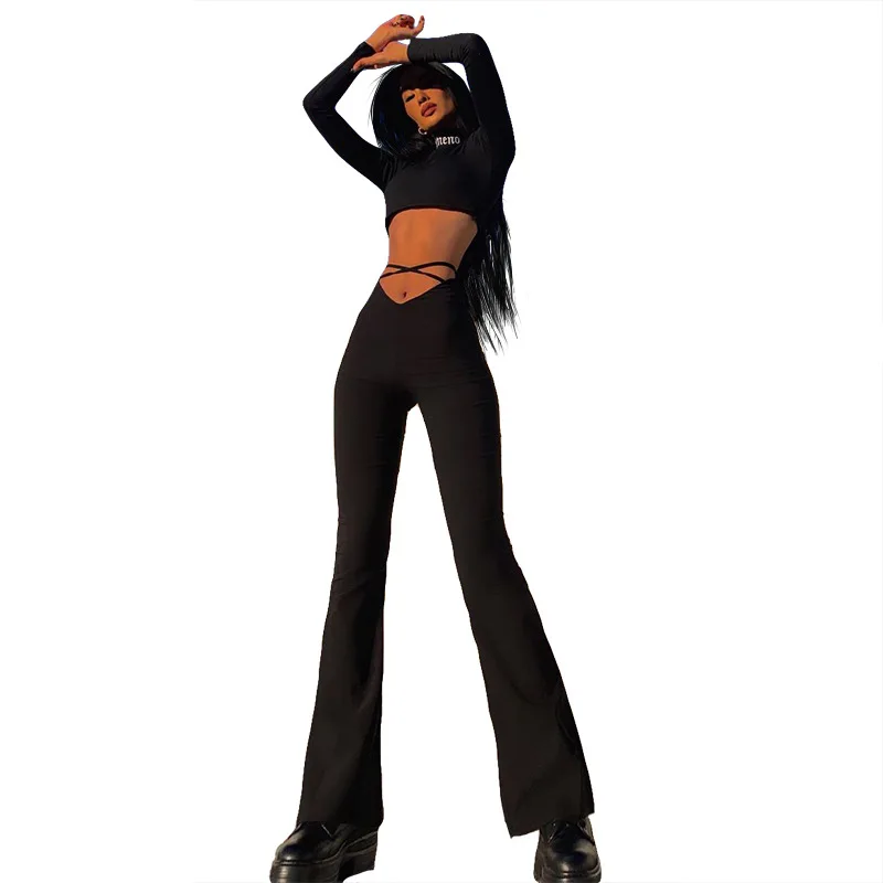 

New Style Stretched High Waist Cross-belt flared Slim Casual Pants Women, Customized color