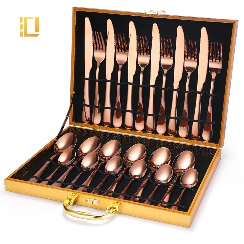 

Rose Gold Cutlery Wholesale Gold Spoon And Fork Set Stainless Steel gold silverware 24pcs cutlery set, Rose gold/gold/black