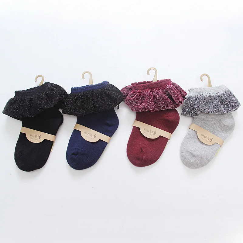 

2020 Autumn winter Fashion Glitter Sparkling metallic silver children lace socks kids girls princess socks