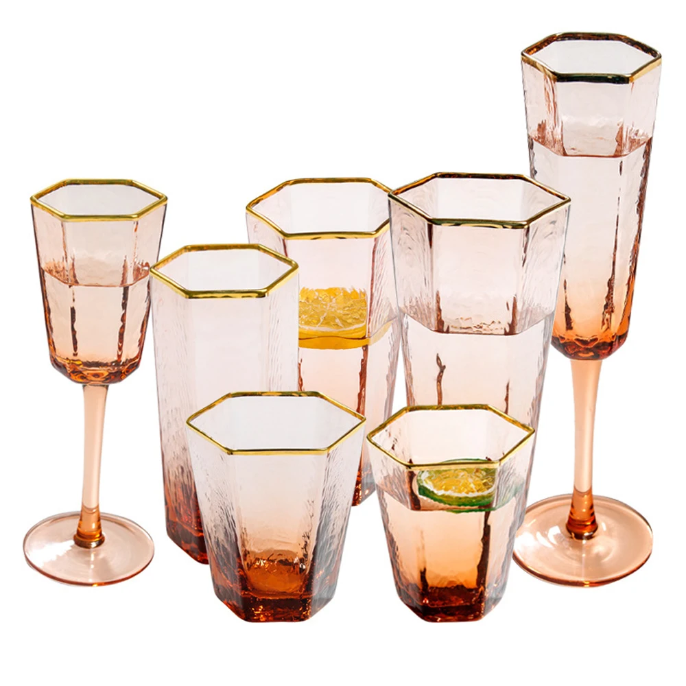 

Factory Price New Design Hexagon Shape Custom Decorative Stem And Stemless Pink Gold Rim Champagne Glasses