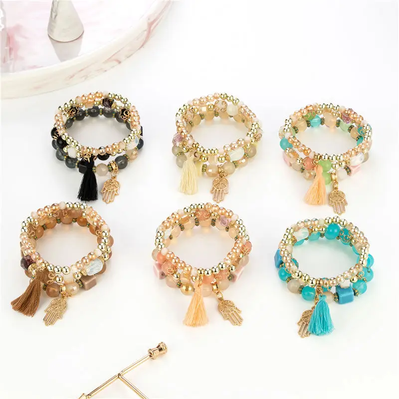 

2022 Wholesale High Quality glass bead bracelets acrylic ceramic Multilayer Palm pendant bracelet for women custom