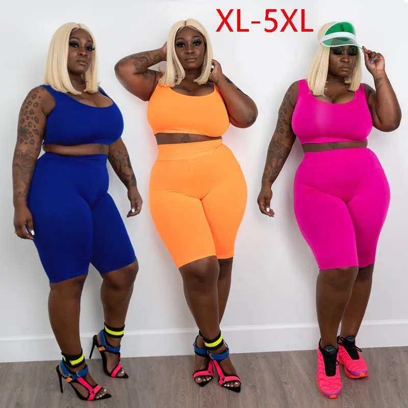 

plus size 3xl 4xl 5xl 2021 fashionable summer woman clothing solid color tank Tops Hot Shorts set Women Clothing 2 Piece Sets