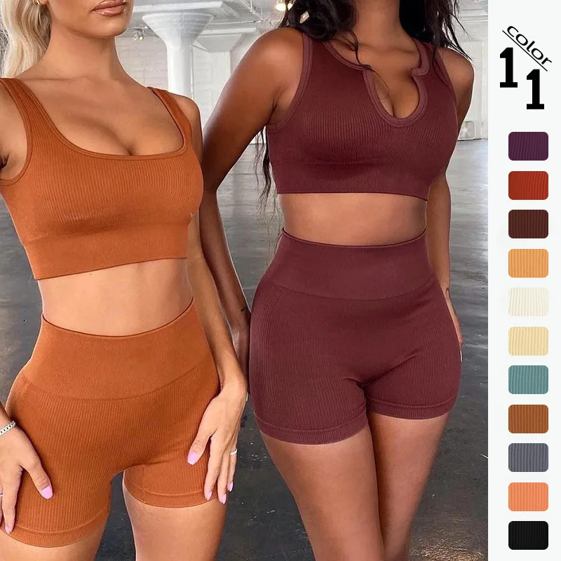 

Women's Workout Outfits Seamless Ribbed Running Yoga Two Piece Crop Top Gym ribbed set women High Waist Shorts Sets