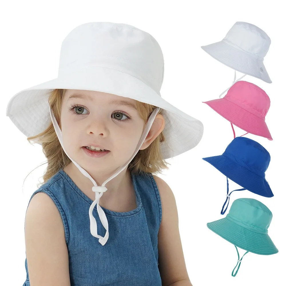 

Top quality Wholesale UV protection toddler baby girl boy Summer Travel Bucket Beach Sun Hat with string infant bucket hat