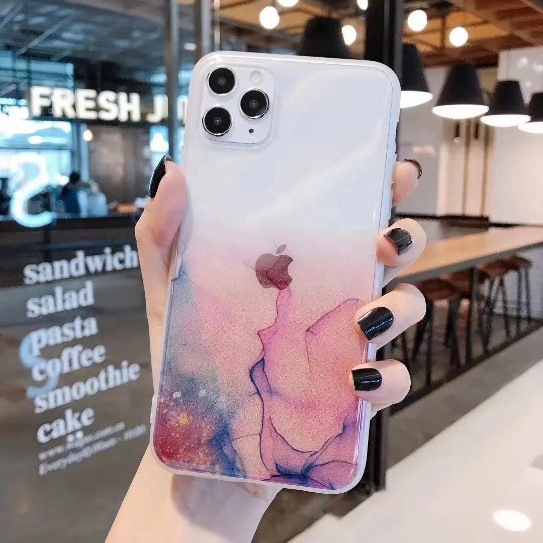 

2021 Amazon Ins Hot Case Watercolor Painting Glitter Marble Phone For Iphone 11 12 Pro Max Xs X Xr 8 Clear Shockproof Cover