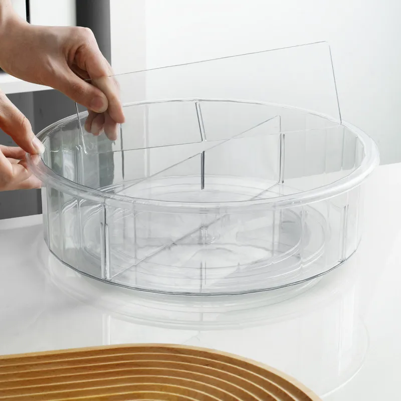 

Clear Lazy Susan Organizer with 2 Removable Dividers, Acrylic kitchen Divided Turntable Rotating Spinning Storage Container, Transparent