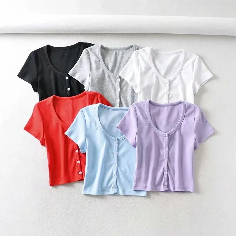 

B52517A European women classic short sleeve fashion single breasted short style t-shirt, White/black/gray/purple/red/blue