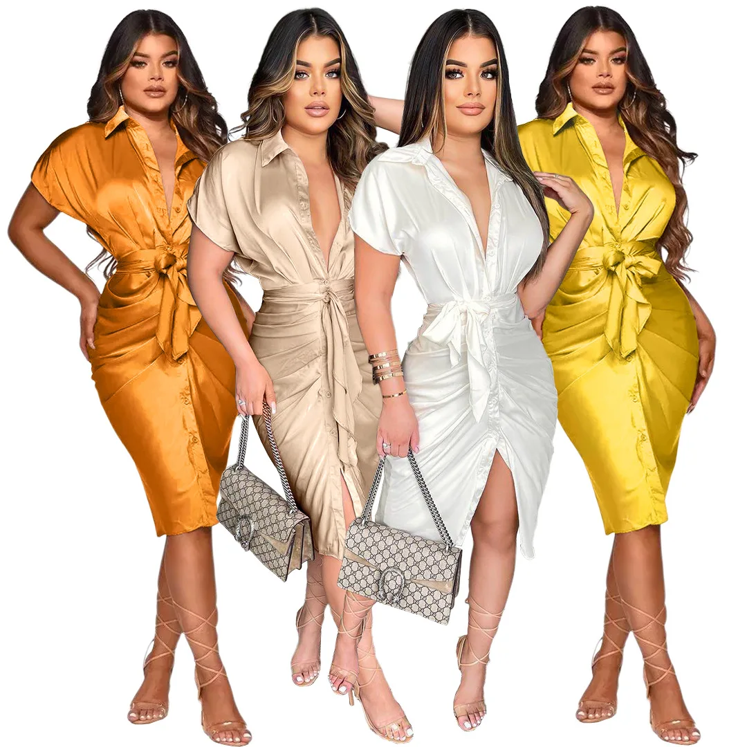 

2021 New Fall Women's Elegant Casual Dresses Reflective Silk Drape Tie Women's Shirt Dress, Picture color